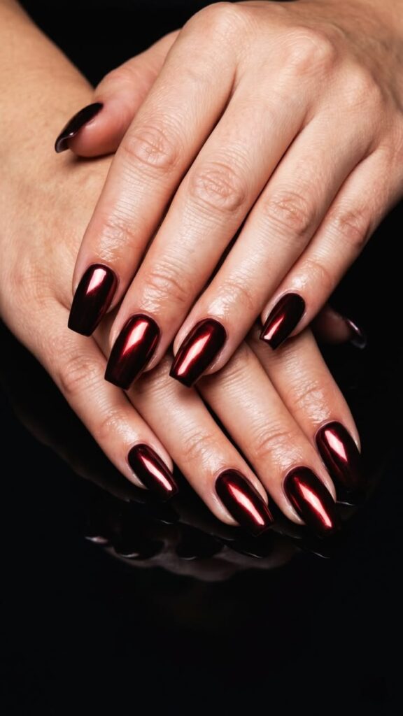 pair of hands resting on a glossy black surface showcasing long, coffin-shaped nails painted in a deep, vampy black-cherry metallic chrome finish with brilliant red highlights.