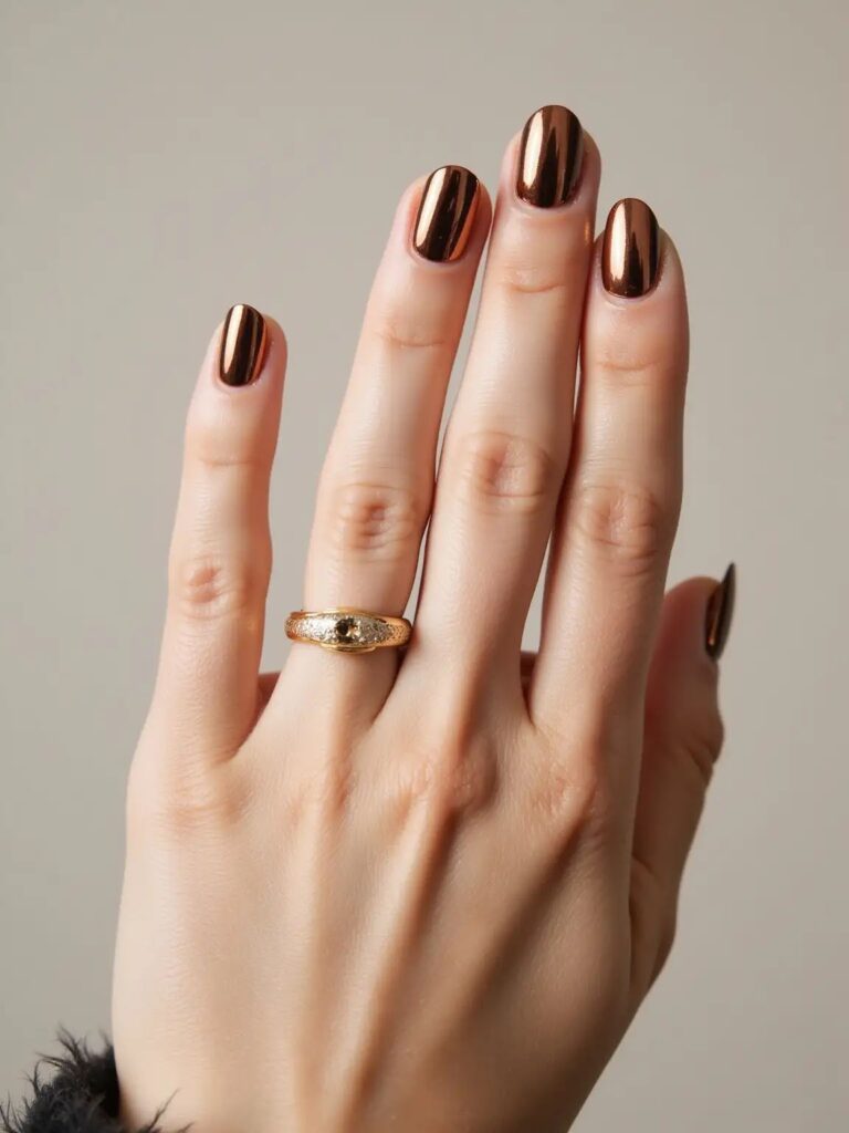 A close-up view of a hand with short, rounded nails showcasing a highly reflective, warm toffee brown chrome finish, accessorized with a textured gold ring.
